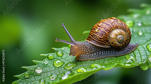 Close-up of a snail on a leaf covered with dew droplets, natural environment