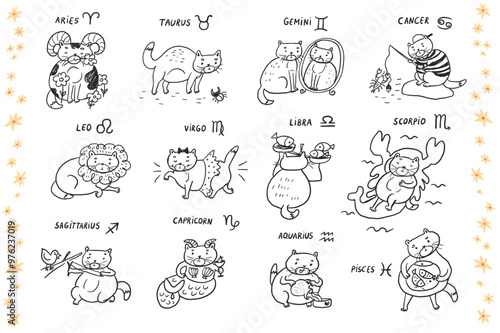 Cat zodiac signs illustrations line set.