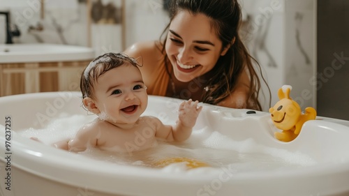 Young mother bathing baby in baby bathtub with foam, concept of nurturing, infant care, and bonding.