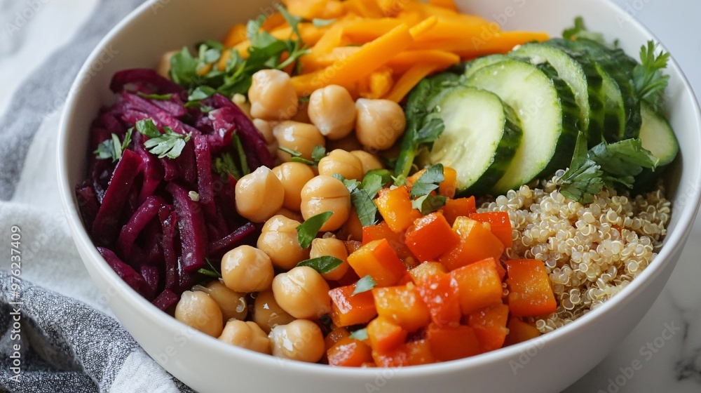 Bowl of quinoa, chickpeas, beets, bell peppers, cucumbers and parsley. Bowl of quinoa, chickpeas, beets, bell peppers, cucumbers and parsley.