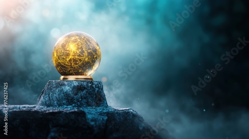 A metallic orb, its surface etched with ancient symbols, sits on a pedestal, exuding an aura of mystery and untold secrets. photo