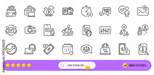 Stress, Phone video and Internet document line icons for web app. Pack of Timer, Discrimination, Rejected payment pictogram icons. Private payment, Quick tips, New mail signs. Search bar. Vector