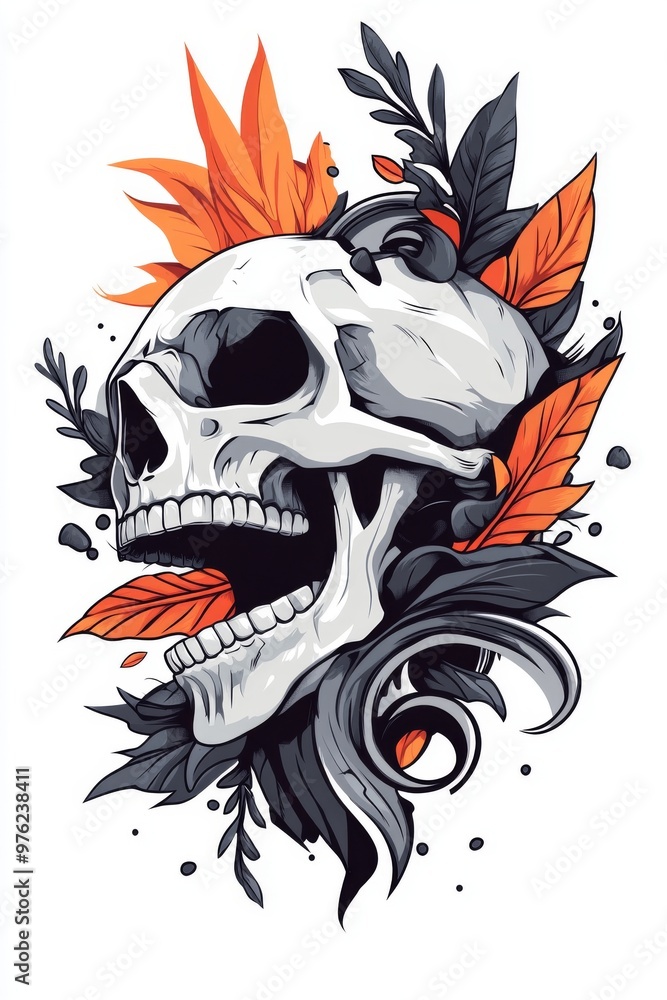 Artistic Skull Illustration Featuring Leaves and Abstract Elements in Vibrant Colors and Details Artistic Skull Illustration Featuring Leaves and Abstract Elements in Vibrant Colors and Details