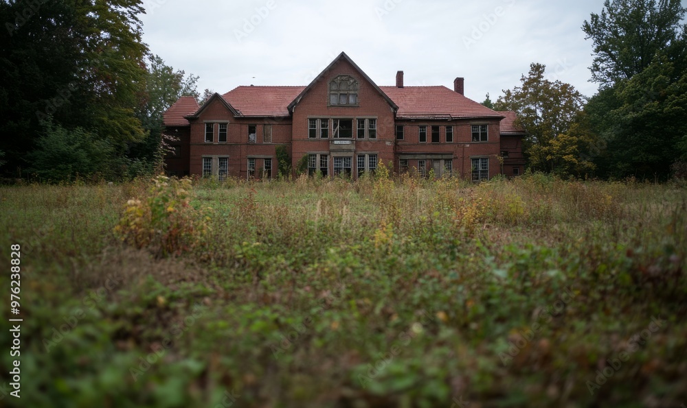 Abandoned Brick House Surrounded by Overgrown Field on a Cloudy Day Abandoned Brick House Surrounded by Overgrown Field on a Cloudy Day