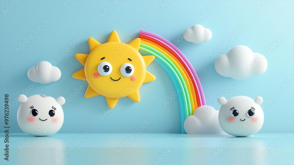 Fototapeta premium A Bright Moment: 3D Cartoon Sun and Rain Clouds Forming a Rainbow