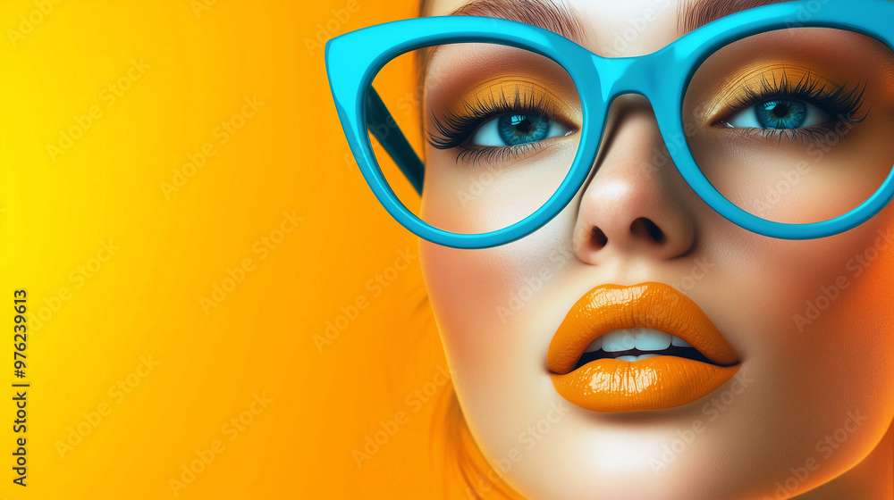 Vibrant Close-Up: Woman in Blue Glasses with an Orange Pop Art Backdrop Vibrant Close-Up: Woman in Blue Glasses with an Orange Pop Art Backdrop