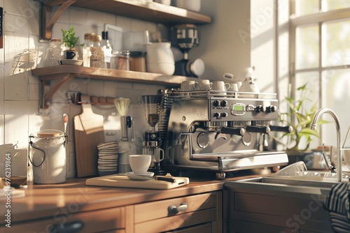 In a sunlit kitchen, an espresso machine sits on a wooden counter, surrounded by neatly arranged jars, cups, and plants, creating an inviting atmosphere.