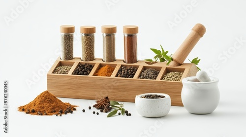 Fototapeta Naklejka Na Ścianę i Meble -  A wooden spice rack displays assorted spices alongside a mortar and pestle for cooking