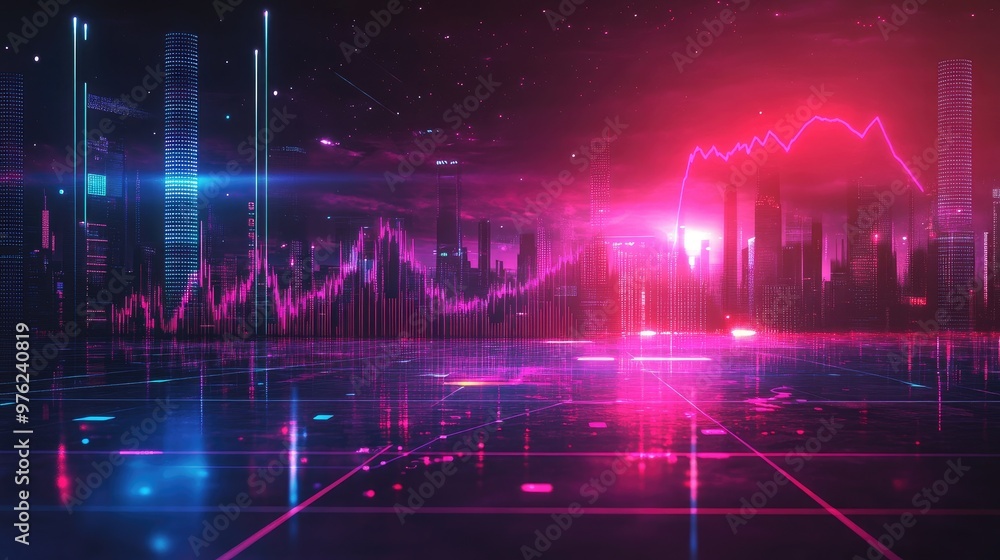 Neon cityscape with glowing lines and a digital stock chart. Neon cityscape with glowing lines and a digital stock chart.