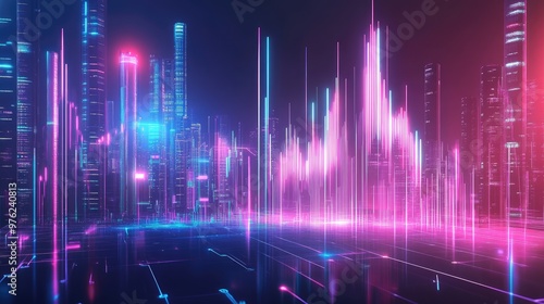 Futuristic city skyline with neon lights.