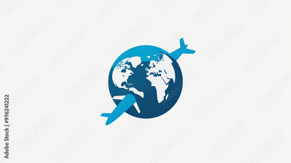 Naklejka premium Blue world globe with an airplane flying around it.