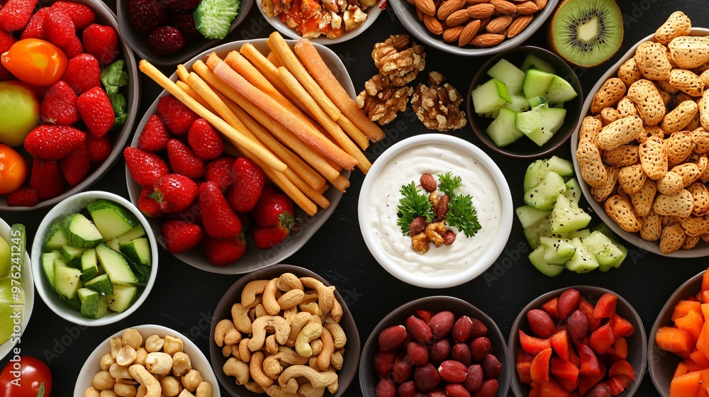 A spread of fresh fruits, vegetables, nuts, and crackers on a dark background. A spread of fresh fruits, vegetables, nuts, and crackers on a dark background.
