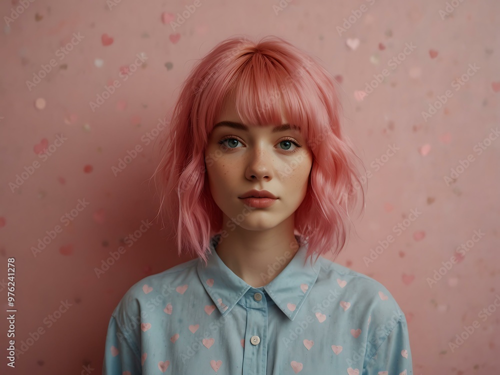 Woman with pink hair in front of a pink background with hearts. Woman with pink hair in front of a pink background with hearts.