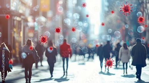 People Walking in a Busy City Street With a Digital Overlay of Virus Particles During Daylight Hours