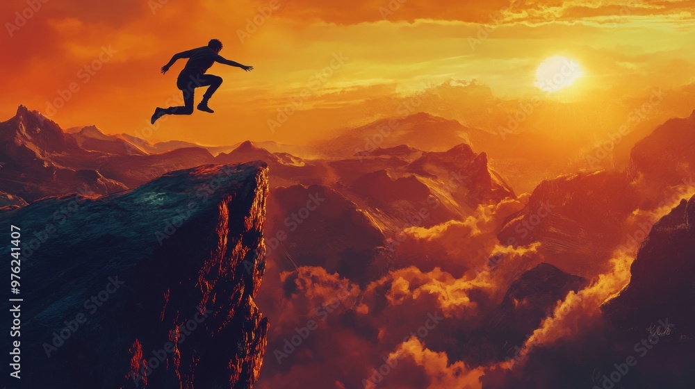Man Jumping Off Cliff at Sunset. Man Jumping Off Cliff at Sunset.