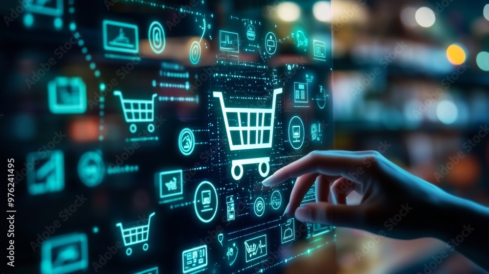 Online Shopping Experience, Hand Interacting with Digital Shopping Cart Icon. Online Shopping Experience, Hand Interacting with Digital Shopping Cart Icon.
