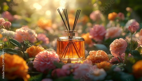 Reed Diffuser with Floral Scent Displayed in a Sunlit Flower Garden, reed diffuser in a bright, sunlit flower garden, aroma reed diffuser