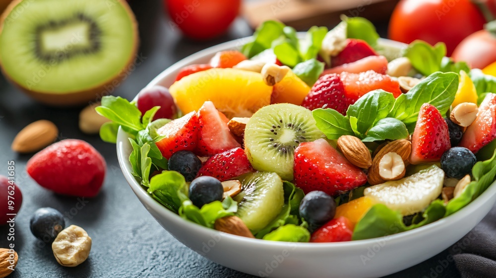 Fresh fruit salad with kiwi, strawberries, blueberries and almonds in a white bowl. Fresh fruit salad with kiwi, strawberries, blueberries and almonds in a white bowl.