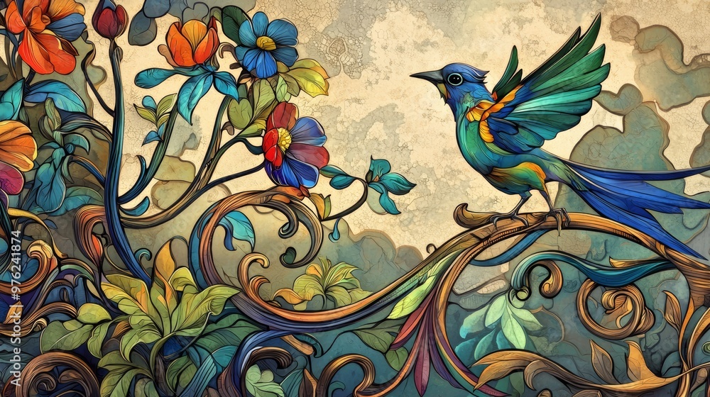 Blue Bird in a Floral Garden. Blue Bird in a Floral Garden.