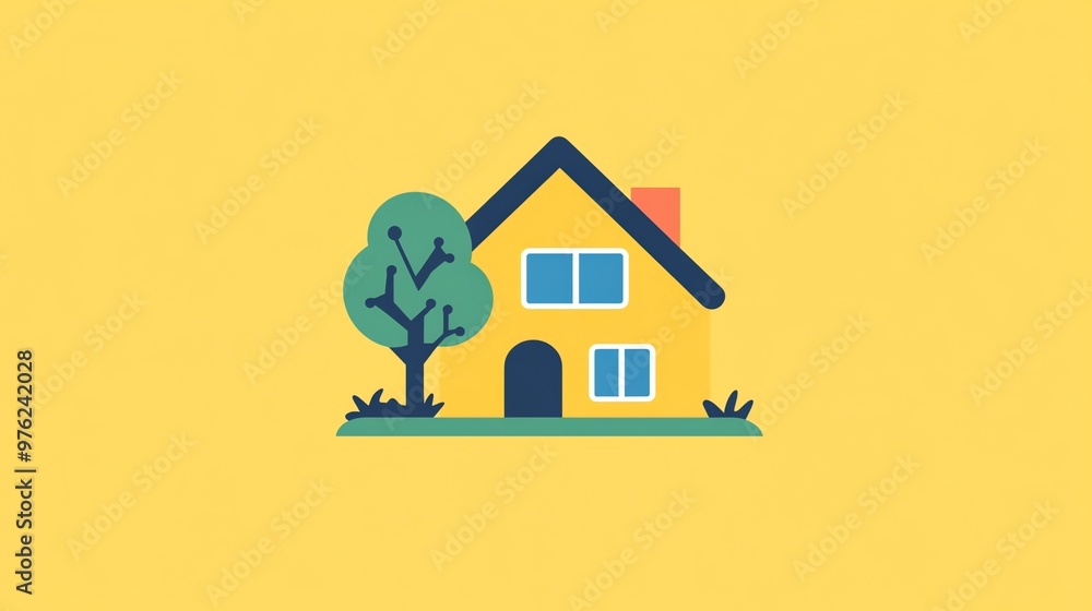 A simple illustration of a yellow house with a green tree and a yellow background. A simple illustration of a yellow house with a green tree and a yellow background.