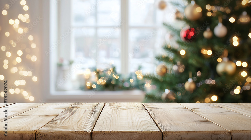 Empty wooden table in home interior with Christmas atmosphere and decoration. Blurred background window, Christmas tree and bokeh lights. Copy space. Empty wooden table in home interior with Christmas atmosphere and decoration. Blurred background window, Christmas tree and bokeh lights. Copy space.