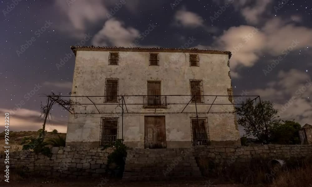 Exterior of an abandoned house at night, time lapse with moving clouds in the sky. Time lapse Exterior of an abandoned house at night, time lapse with moving clouds in the sky. Time lapse