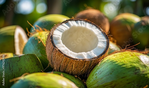 Freshly Harvested Coconuts Stacked Under Sunlight in a Tropical Setting photo