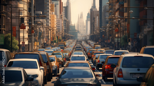 City rush hour traffic jam, with cars gridlocked and moving slowly traffic challenges of urban travel during peak hours.