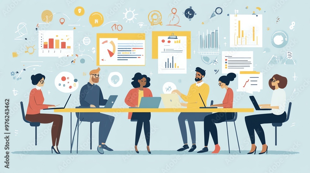A team of diverse professionals is working on a project together, collaborating on a digital plan with charts and graphs. A team of diverse professionals is working on a project together, collaborating on a digital plan with charts and graphs.