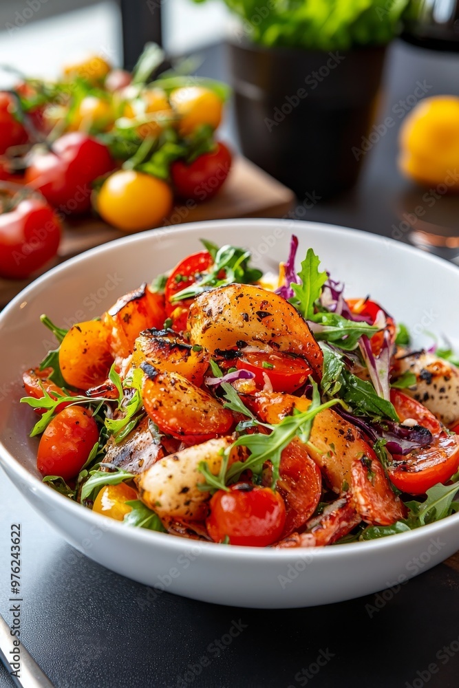Fresh and Colorful Salad With Cherry Tomatoes and Arugula Served in a Modern Setting Fresh and Colorful Salad With Cherry Tomatoes and Arugula Served in a Modern Setting