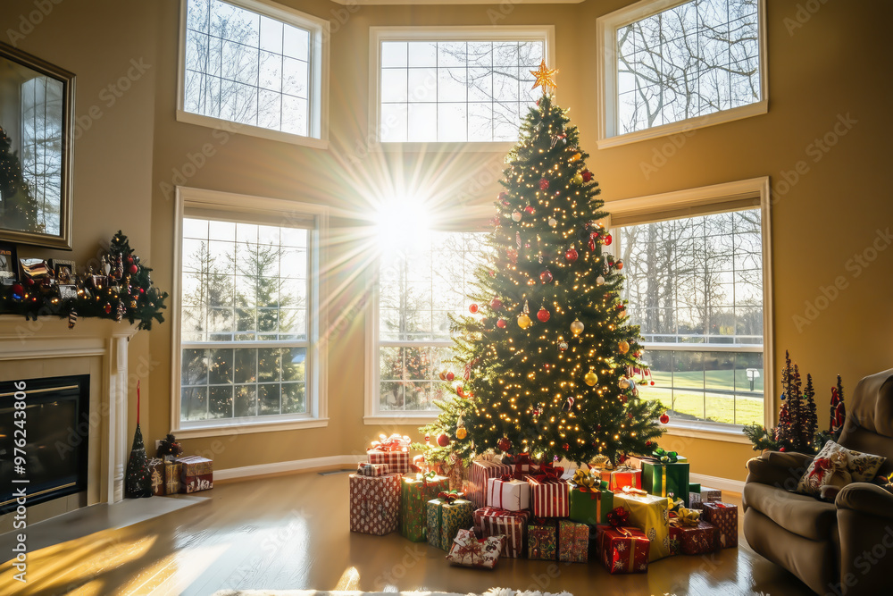 Christmas tree with golden ornaments and gifts by the window during sunset, creating a cozy festive atmosphere Christmas tree with golden ornaments and gifts by the window during sunset, creating a cozy festive atmosphere