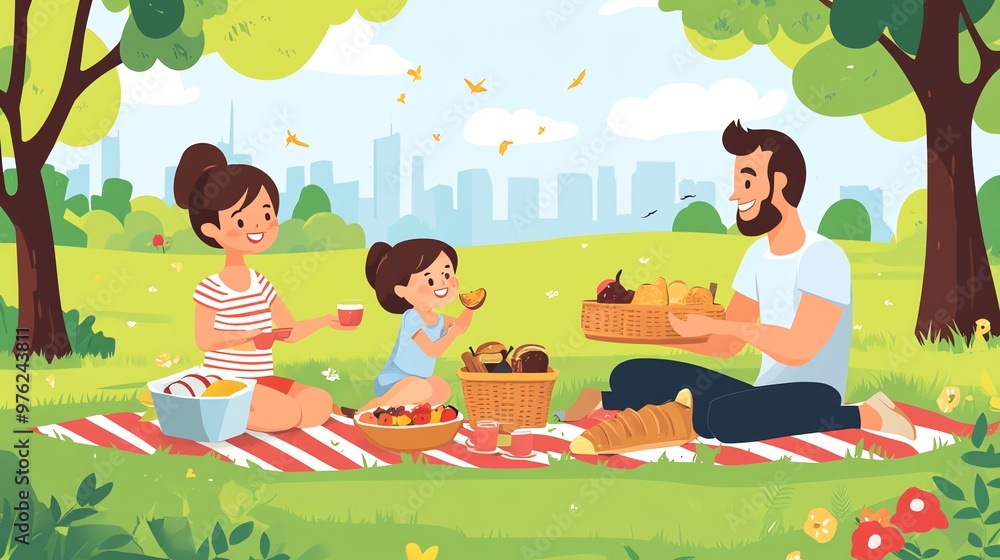 Naklejka premium Happy family having a picnic in a beautiful park, enjoying a relaxing outdoor meal together.