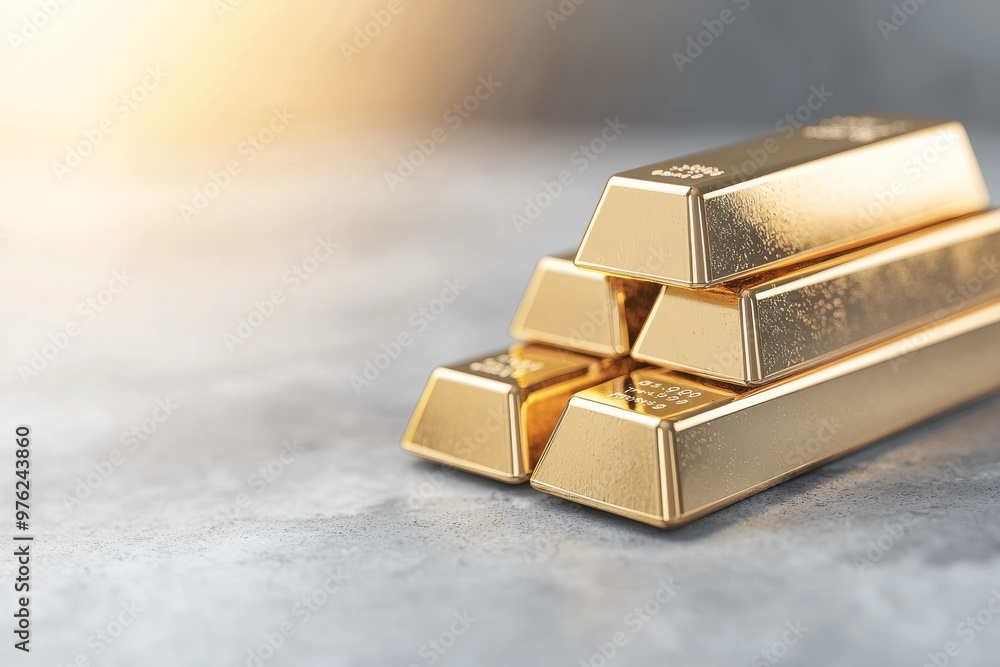 Gold Bullion Bars Stacked on a Gray Surface With Soft Lighting Highlighting Their Luster Gold Bullion Bars Stacked on a Gray Surface With Soft Lighting Highlighting Their Luster