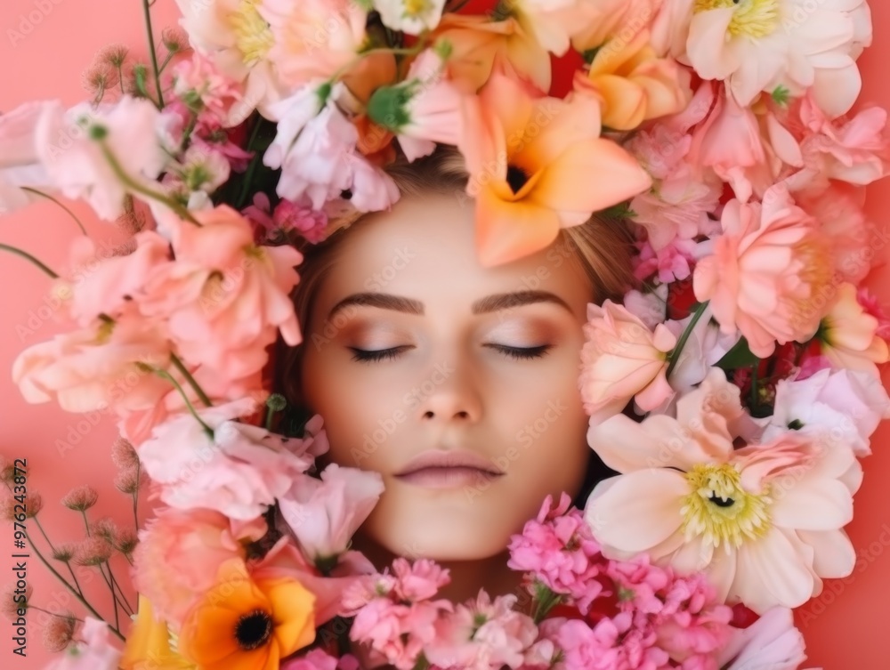 View of young woman hidden behind bright blossoming flowers View of young woman hidden behind bright blossoming flowers