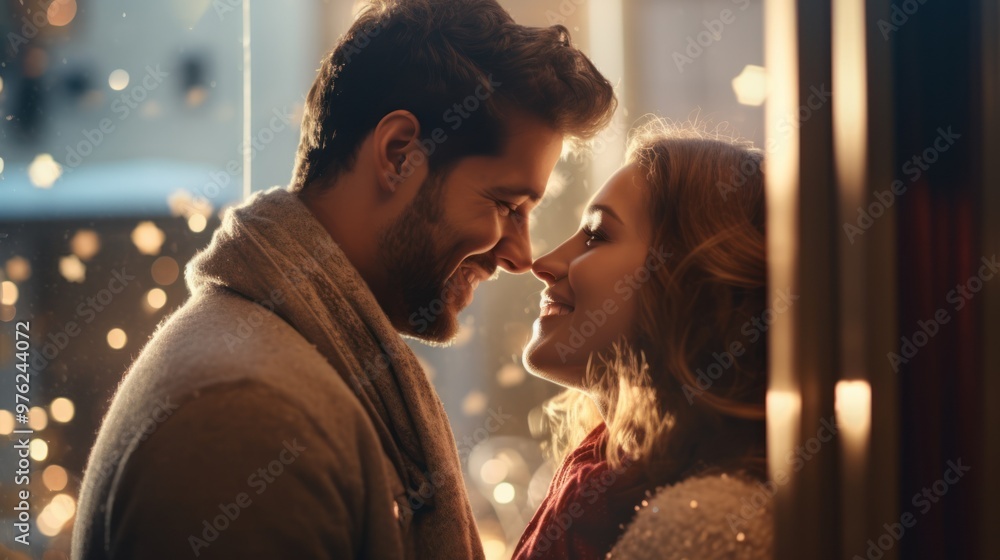 Loving couple celebrating Christmas at home. Man and woman in a seasonal winter interior. The concept of holidays. Loving couple celebrating Christmas at home. Man and woman in a seasonal winter interior. The concept of holidays.