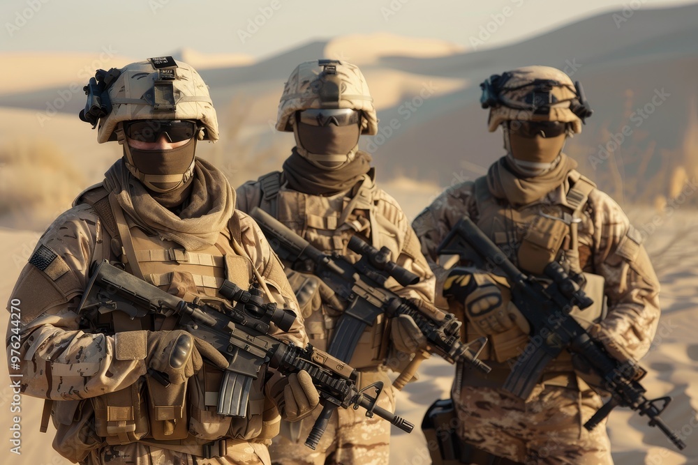 Three armed soldiers in desert camouflage gear stand confidently in sandy terrain, showcasing their equipment during a military training exercise under clear skies. Three armed soldiers in desert camouflage gear stand confidently in sandy terrain, showcasing their equipment during a military training exercise under clear skies.