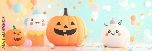 Cute 3d toothless jack o lantern pumpkin with festive balloons decorations for halloween illustration