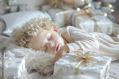 Delicate features of sleeping child suggest sweet and gentle dreams. Soft light enhances smooth curls of serene sleeping child. Child's peaceful sleep allegory innocent tranquility. photo