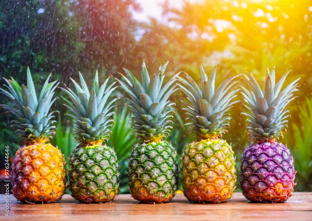 Colorful Pineapple Row on Wooden Table with Raining Background. Colorful Pineapple Row on Wooden Table with Raining Background.