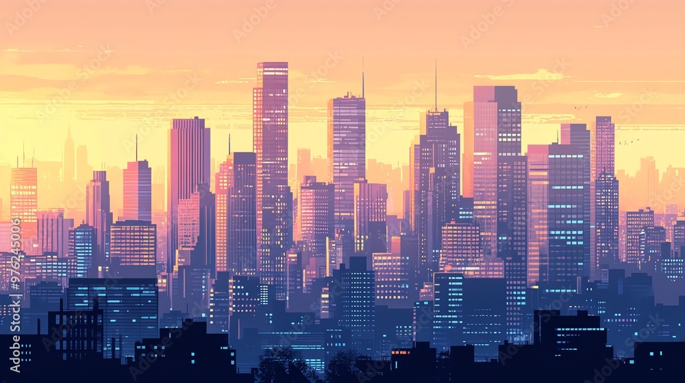 Fototapeta premium A stunning cityscape silhouette bathed in the warm glow of a setting sun.