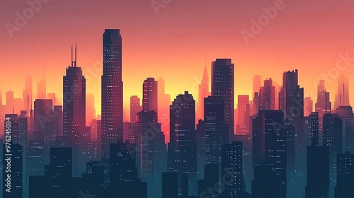 Silhouettes of skyscrapers against an orange sunset sky.