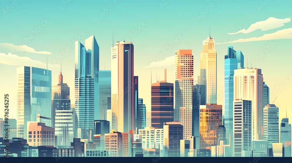 A colorful illustration of the city skyline at sunrise. A colorful illustration of the city skyline at sunrise.