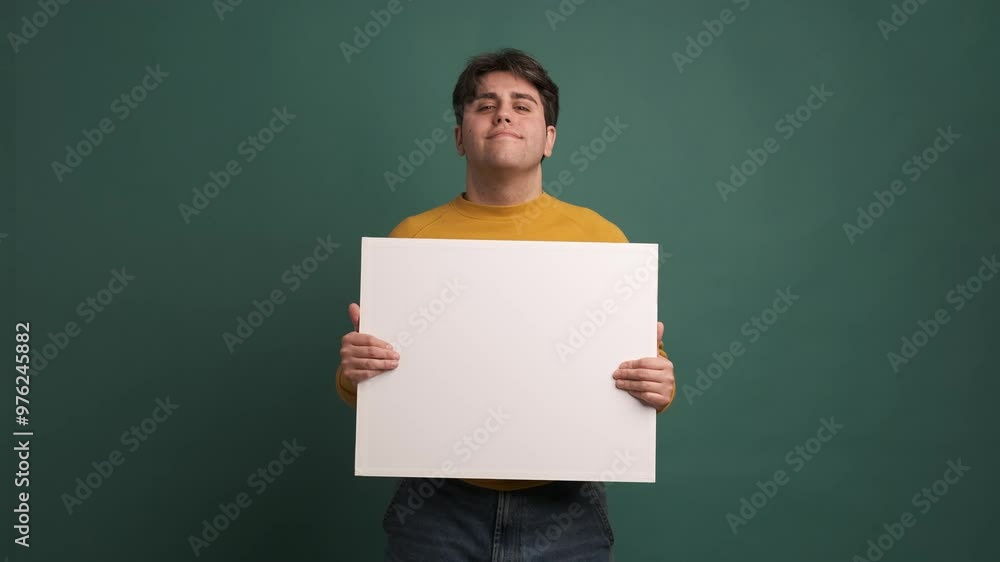 Cheerful man showing blank banner in green studio Cheerful man showing blank banner in green studio