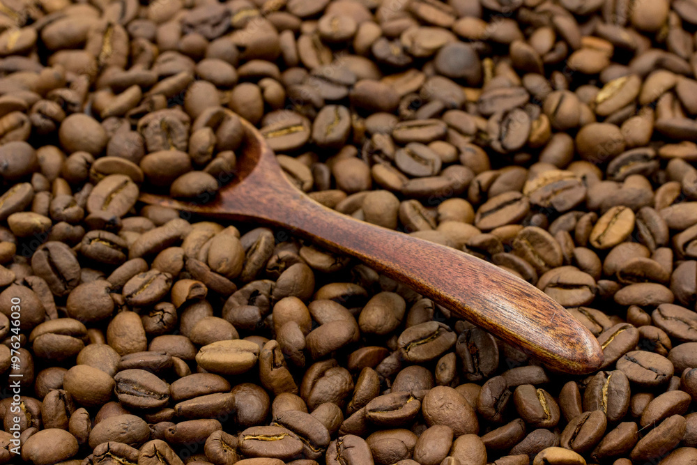 Fototapeta premium roasted coffee beans with a wooden spoon taken in close-up