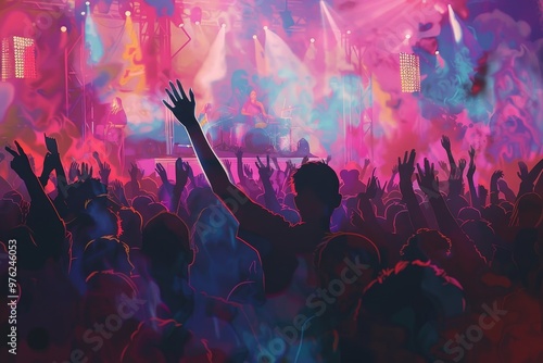 A large audience with arms raised celebrates at a concert, immersed in colorful lights and vibrant sounds during a lively nighttime festival. photo