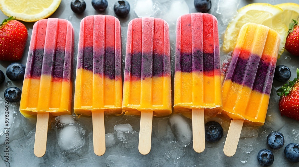 A row of five colorful popsicles with a layer of red, purple, and yellow fruit, placed on a bed of ice with blueberries, strawberries, and lemon slices. A row of five colorful popsicles with a layer of red, purple, and yellow fruit, placed on a bed of ice with blueberries, strawberries, and lemon slices.