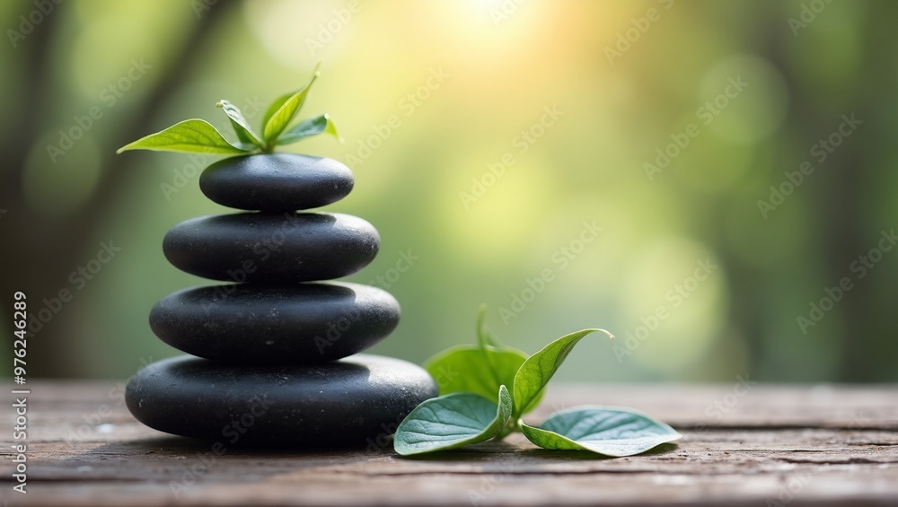 Tranquil zen stone stack with leaves on wooden surface Tranquil zen stone stack with leaves on wooden surface