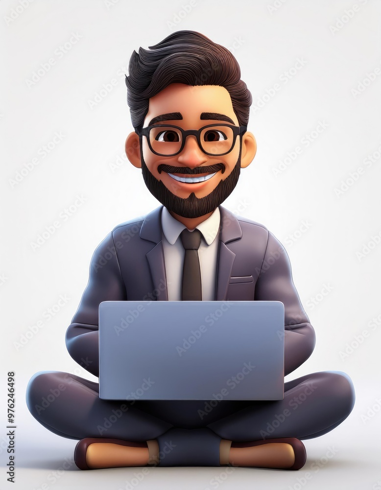 A cheerful cartoon businessperson working on a laptop, representing modern entrepreneurship and digital lifestyle. A cheerful cartoon businessperson working on a laptop, representing modern entrepreneurship and digital lifestyle.