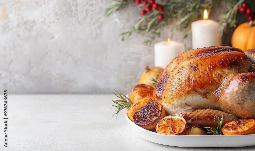 Roasted Turkey Surrounded by Seasonal Decorations and Festive Candles on a Dining Table Roasted Turkey Surrounded by Seasonal Decorations and Festive Candles on a Dining Table