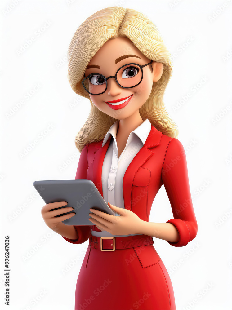 Stylish professional woman in a red suit, using a tablet while smiling, representing modern business and technology. Stylish professional woman in a red suit, using a tablet while smiling, representing modern business and technology.